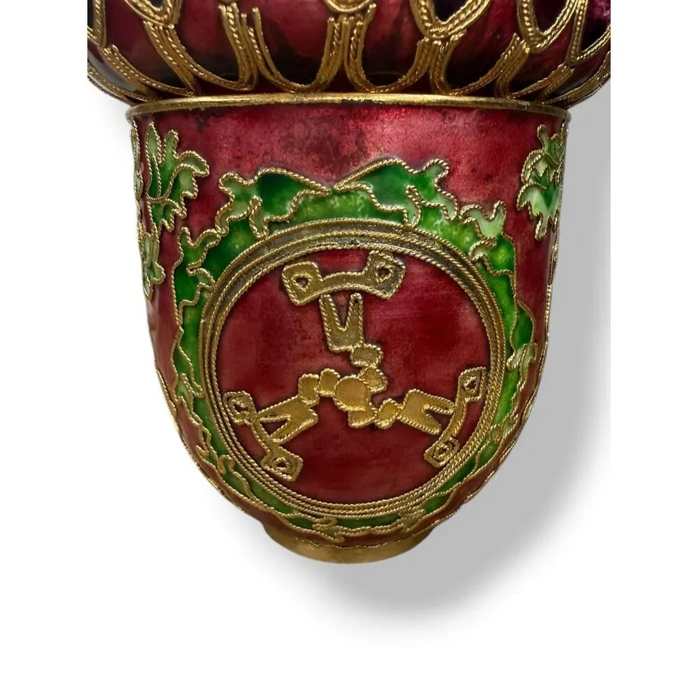 Vintage Cloisonné Enamel Acorn Trinket Box Decorated Jar Burgundy & Gold‎